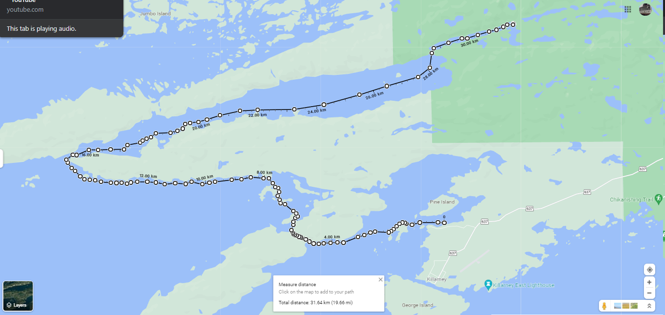 A map that planned a paddle route and measured distances from Killarney Bay Landing to Baie Fine via McGregor's Bay in Lake Huron's North Channel.